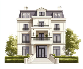 Fototapeta premium Elegant townhouse with classic architecture and lush greenery