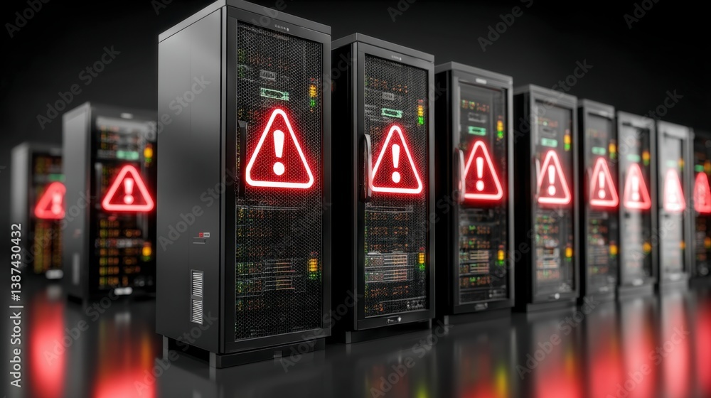 Poster red warning signs illuminate a row of dark server racks reflecting on a sleek surface.