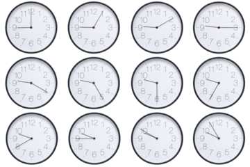  A set of twelve round wall clocks with dark brown frames and white faces showing 5-minute time intervals from 09:00 or 21:00 to 09:55 or 21:55. Clean white background, ideal for time, schedule, and d