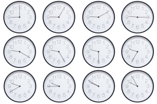  A set of twelve round wall clocks with dark brown frames and white faces showing 5-minute time intervals from 09:00 or 21:00 to 09:55 or 21:55. Clean white background, ideal for time, schedule, and d