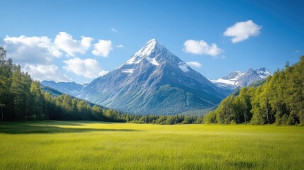 Fototapeta premium Pristine mountain meadow landscape under a vibrant sky. Lush green field stretches before a snow-capped peak, surrounded by towering trees