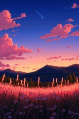 Calm scenery of field at dusk; mountains in the background with beautiful sky