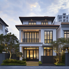 Fototapeta premium Elegant three story townhouse with modern design and warm lighting