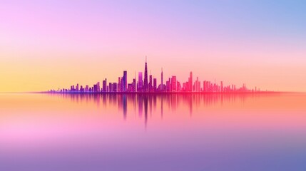 Fototapeta premium Cityscape skyline reflected in water, sunset, bright colors, travel and business usage