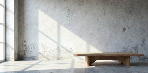Empty concrete studio, grey floor, white wall, table for product display , presentation, backdrop, surface