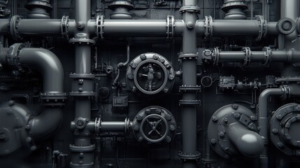 Heavy industry plant pipes and valves against a charcoal gray background
