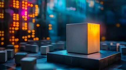 A glowing cube sits on a platform in a futuristic cityscape with vibrant lights and depth