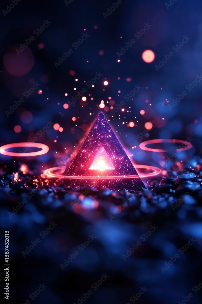 Poster abstract glowing pyramid design on rocks with bokeh background for technology use