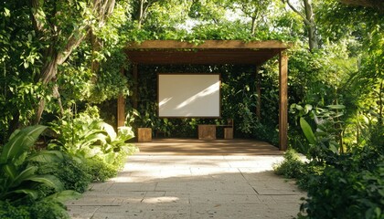 Outdoor cinema screen setup in lush tropical garden for a serene cinematic experience