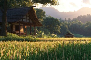 Obraz premium Serene landscape. A Japanese house sits near rice fields at sunset, ideal for travel