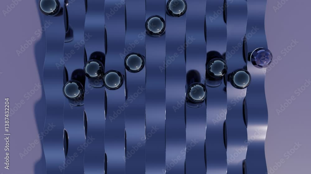 Poster minimalistic 3d abstract background with purple spheres rolling along smooth wavy strips – geometric