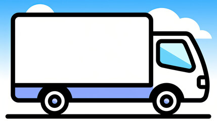 simple illustration of delivery truck with white cargo area, black outline, and blue accents, set against blue sky with white clouds