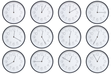 A set of twelve round wall clocks with dark brown frames and white faces showing 5-minute time intervals from 12:00 or 00:00 to 12:55 or 00:55. Clean white background, ideal for time, schedule, and de