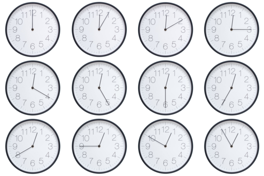 A set of twelve round wall clocks with dark brown frames and white faces showing 5-minute time intervals from 12:00 or 00:00 to 12:55 or 00:55. Clean white background, ideal for time, schedule, and de