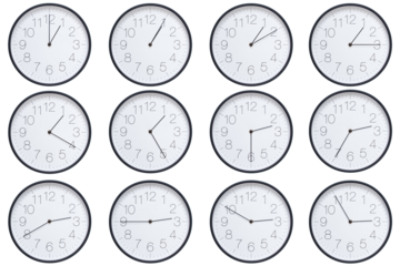  A set of twelve round wall clocks with dark brown frames and white faces showing 5-minute time intervals from 01:00 or 13:00 to 01:55 or 13:55. Clean white background, ideal for time, schedule, and d