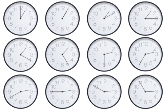  A set of twelve round wall clocks with dark brown frames and white faces showing 5-minute time intervals from 01:00 or 13:00 to 01:55 or 13:55. Clean white background, ideal for time, schedule, and d