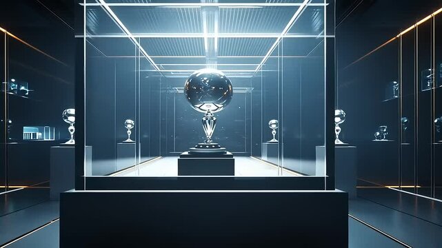 A modern exhibition hall showcasing a prestigious trophy in a glass case, surrounded by illuminated displays