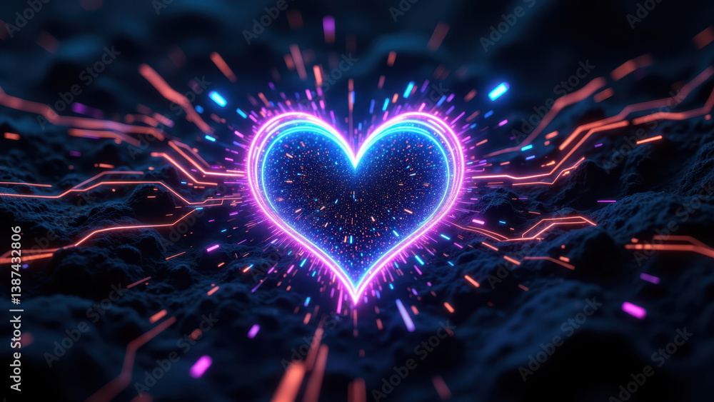 Poster an animated glowing heart on a dark background with a digital or cybernetic theme.