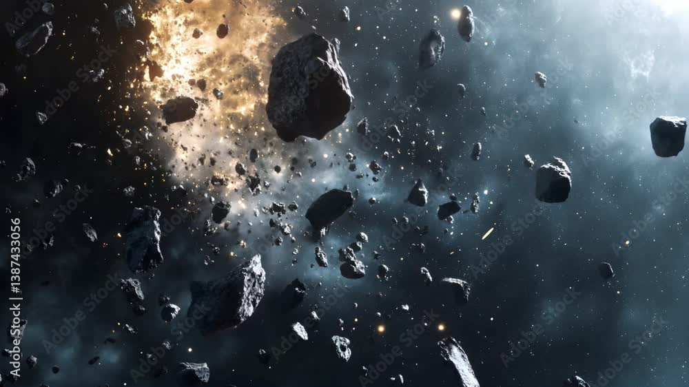 Aufkleber Scene of asteroid field floating in space, Camera slow motion with different angles