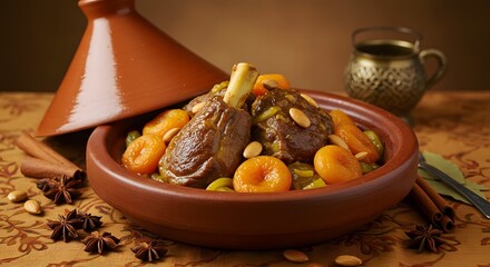 Moroccan Tagine with Apricots Almonds and Slow-Cooked Lamb