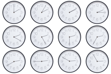 A set of twelve round wall clocks with dark brown frames and white faces showing 5-minute time intervals from 02:00 or 14:00 to 02:55 or 14:55. Clean white background, ideal for time, schedule, and de