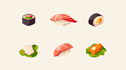 colorful illustration of various sushi types, including nigiri, maki rolls, and sashimi, displayed light background. design is minimalistic