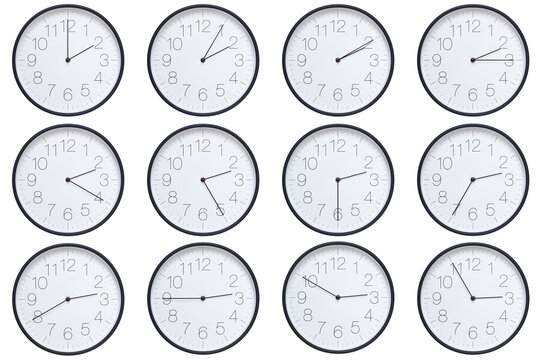 A set of twelve round wall clocks with dark brown frames and white faces showing 5-minute time intervals from 02:00 or 14:00 to 02:55 or 14:55. Clean white background, ideal for time, schedule, and de