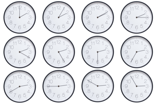 A set of twelve round wall clocks with dark brown frames and white faces showing 5-minute time intervals from 02:00 or 14:00 to 02:55 or 14:55. Clean white background, ideal for time, schedule, and de