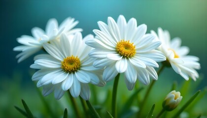 Fototapeta premium Close-up, eye-level shot of a cluster of white chrysanthemums covered in water droplets, set against a blurred background of blue and green