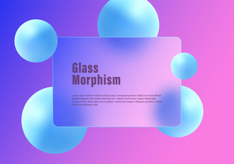 Levitating 3D spheres and glass transparent frame, glass morphism style background.