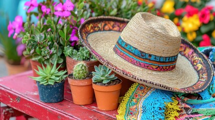 A joyful Mexican fiesta tabletop display, with a decorative sombrero, small potted succulents, and bright accents.