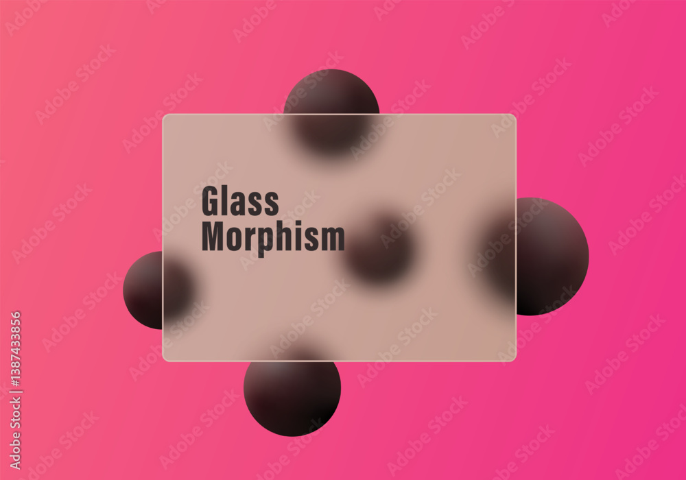 Poster abstract background with panel and spheres in glass morphism style.