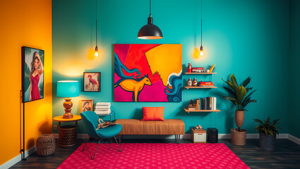 A beautifully designed living space with a mix of colors, art, and modern furniture accents.