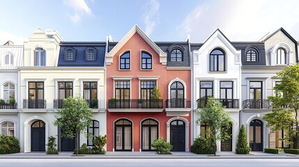 Elegant row of colorful terrace houses with classic architecture
