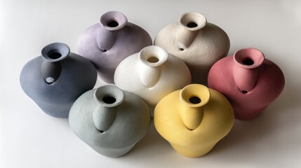 Collection of seven small, textured ceramic vases in varying pastel colors arranged in a circle on a white background.