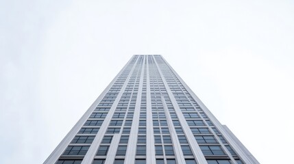 Obraz premium Modern skyscraper towering against the sky. A perspective shot of a tall, slender building with numerous windows. Exterior is light gray