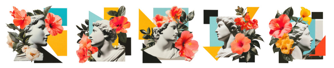 Minimalist Collage with Classical Sculpture and Tropical Flowers – PNG Set