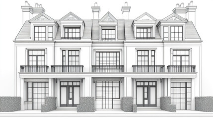Elegant townhouse architectural sketch with symmetrical design
