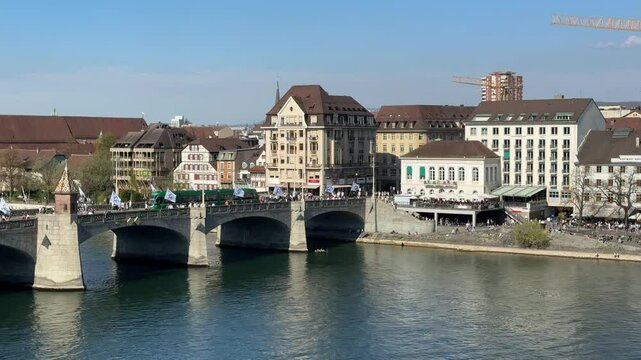 Basel, Switzerland - View of Unterer Rheinweg and Mittlere Br&uuml;cke bridge in Basel
