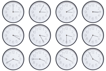 A set of twelve round wall clocks with dark brown frames and white faces showing 5-minute time intervals from 03:00 or 15:00 to 03:55 or 15:55. Clean white background, ideal for time, schedule, and de