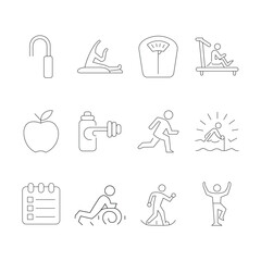 Fototapeta premium Minimal Line Fitness and Wellness Icons Set—Health, Exercise, and Lifestyle Vector Pack.
