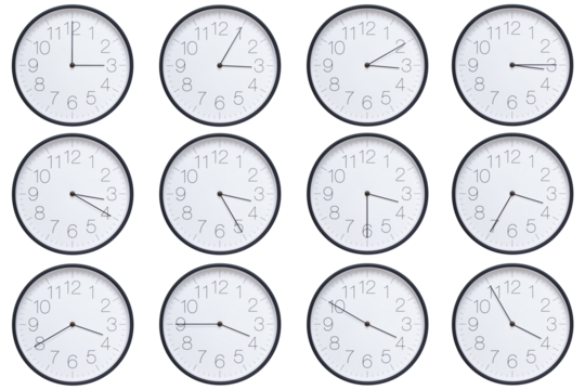 A set of twelve round wall clocks with dark brown frames and white faces showing 5-minute time intervals from 03:00 or 15:00 to 03:55 or 15:55. Clean white background, ideal for time, schedule, and de