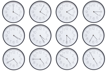  A set of twelve round wall clocks with dark brown frames and white faces showing 5-minute time intervals from 04:00 or 16:00 to 04:55 or 16:55. Clean white background, ideal for time, schedule, and d