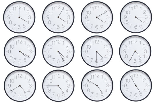  A set of twelve round wall clocks with dark brown frames and white faces showing 5-minute time intervals from 04:00 or 16:00 to 04:55 or 16:55. Clean white background, ideal for time, schedule, and d