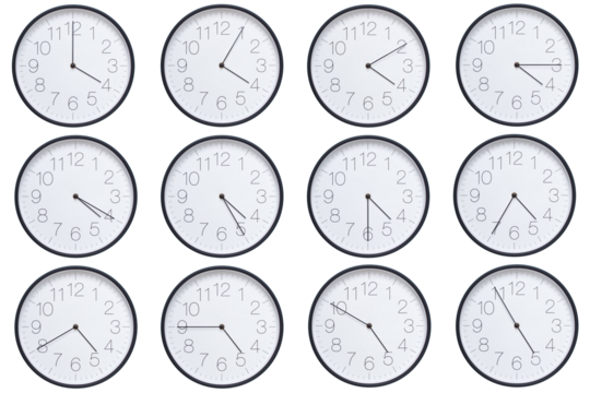  A set of twelve round wall clocks with dark brown frames and white faces showing 5-minute time intervals from 04:00 or 16:00 to 04:55 or 16:55. Clean white background, ideal for time, schedule, and d