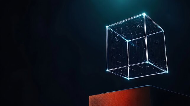 A glowing transparent cube hovering above a wooden pedestal in a dark, futuristic environment