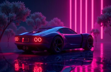 illustration of a racing car. purple tones, neon glow