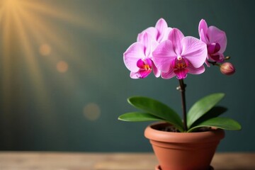Naklejka premium Delicate pink orchid blooms in terracotta pot, closeup, bloom, blossom