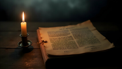 A Dramatic Warm-Toned Image, A Lone Flickering Candle Illuminates an Antique Book Revealing Forgotten Knowledge and Inspiring a Sense of Timeless Mystery and Reflection
