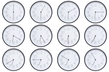  A set of twelve round wall clocks with dark brown frames and white faces showing 5-minute time intervals from 06:00 or 18:00 to 06:55 or 18:55. Clean white background, ideal for time, schedule, and d